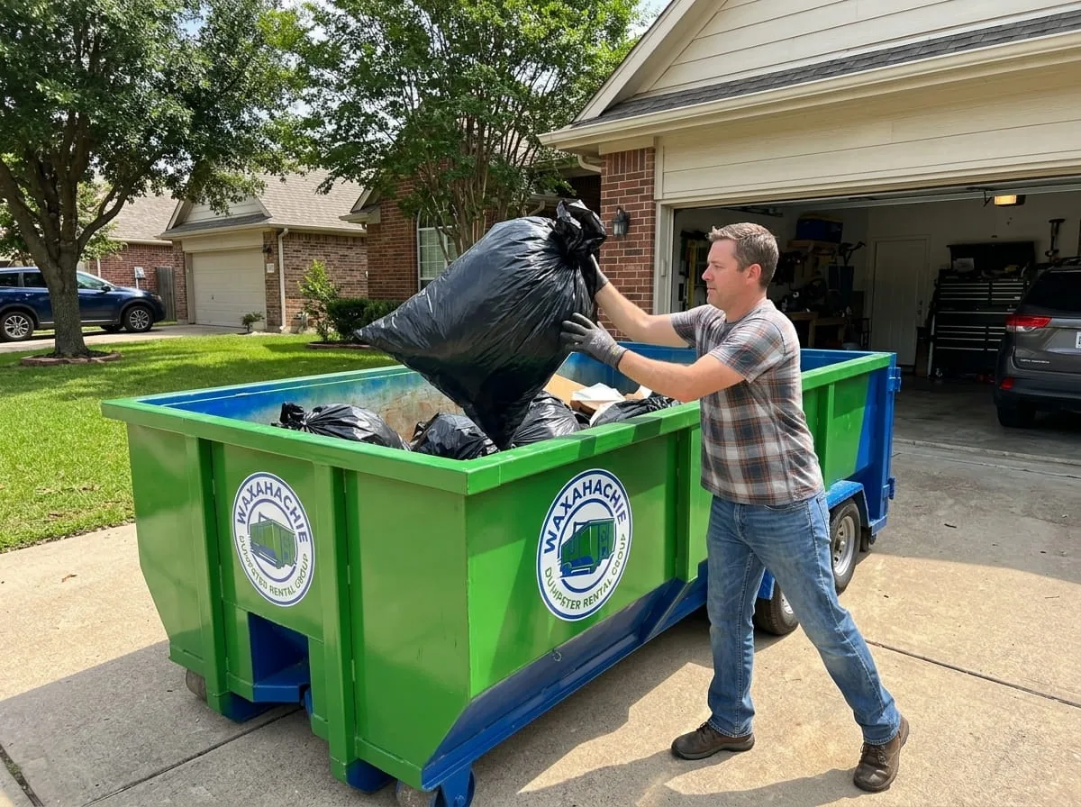 Locally owned dumpster rental company in Waxahachie TX Waxahachie Dumpster Rental Group container on an Ellis County driveway