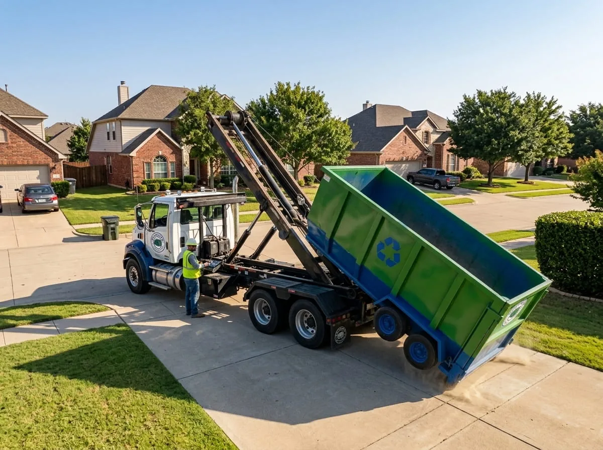 Yard Debris & Storm Cleanup in Waxahachie TX Roll-off container used for yard debris & storm cleanup in Waxahachie TX
